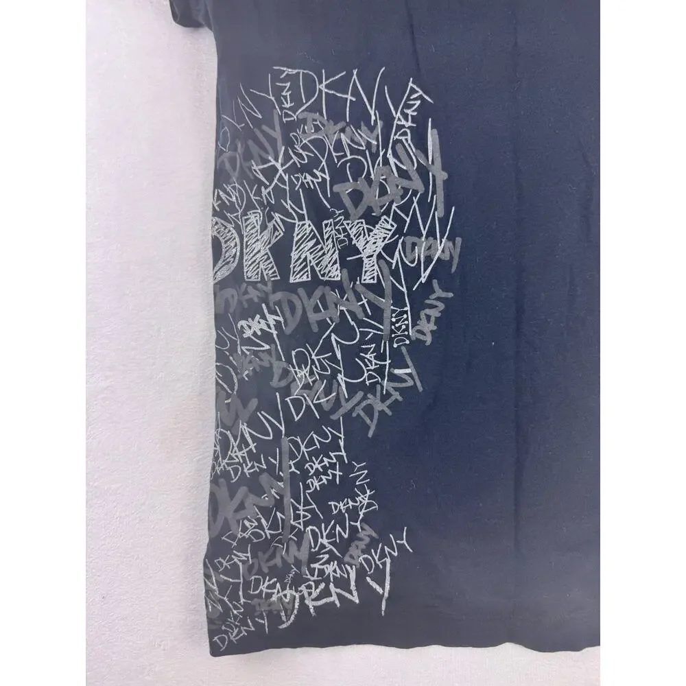 DKNY Black V-Neck T-Shirt Graffiti Style Graphic Logo Print Size Medium
